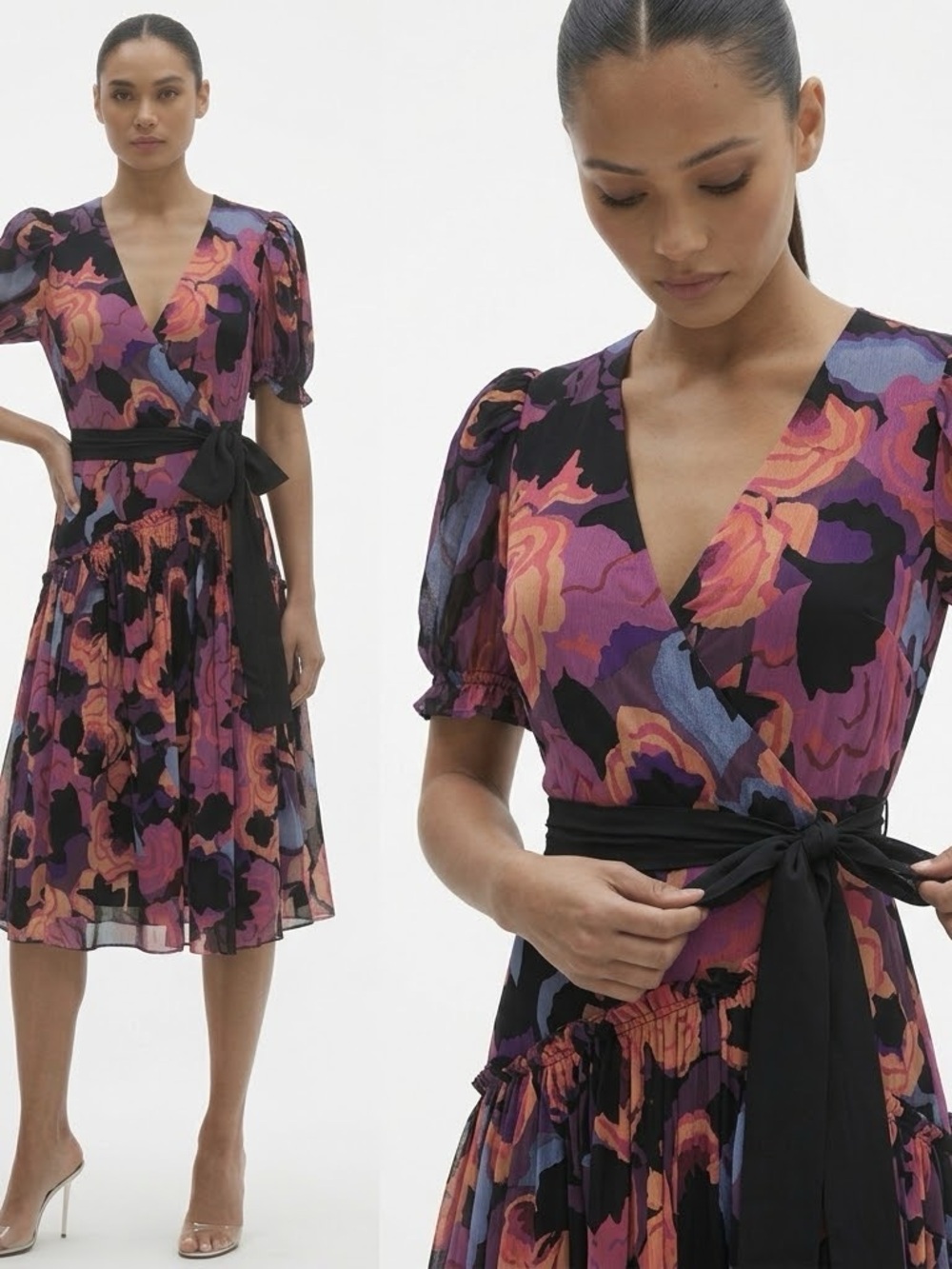 NWT Diane Von Furstenberg Black Wrap Dress with Purple and Pink Floral Print